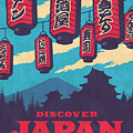Japan Travel Tourism with Japanese Castle, Mt Fuji, Lanterns Retro Vintage - Blue