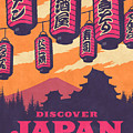 Japan Travel Tourism with Japanese Castle, Mt Fuji, Lanterns Retro Vintage - Orange